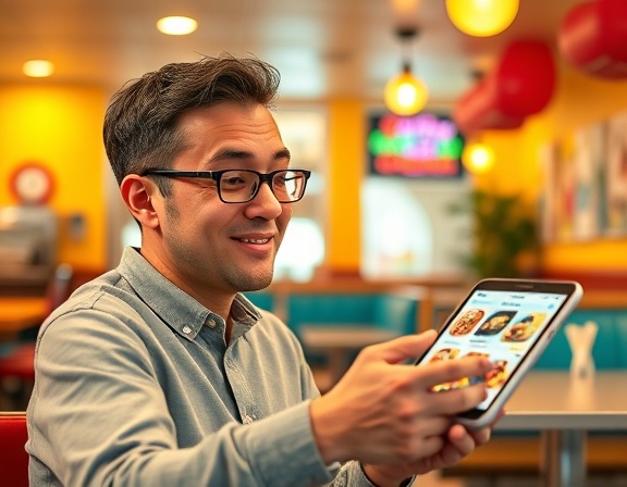 accessible restaurant app, relaxed expression, selecting food items, photorealistic, family-friendly diner with colorful walls, highly detailed, playful animations, vibrant primary colors, warm incandescent light, shot with a tilt-shift lens.
