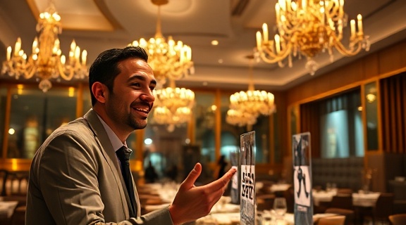 cutting-edge restaurant ordering, amazed expression, using voice command, photorealistic, elegant fine dining restaurant with chandeliers, highly detailed, interactive holograms, gold accents, candlelit atmosphere, shot with a 100mm lens.