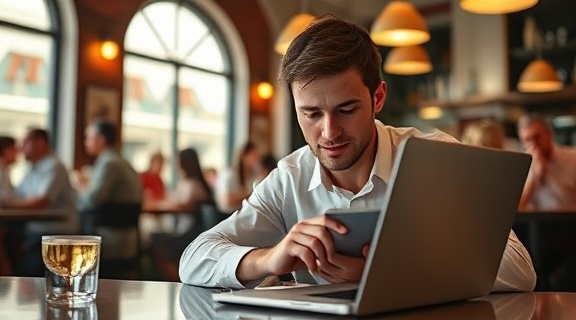 innovative restaurant app, curious expression, browsing on a laptop, photorealistic, bustling bistro atmosphere with ambient chatter, highly detailed, glowing device screen, pastel colors, natural sunlight streaming through windows, shot with a wide-angle lens.