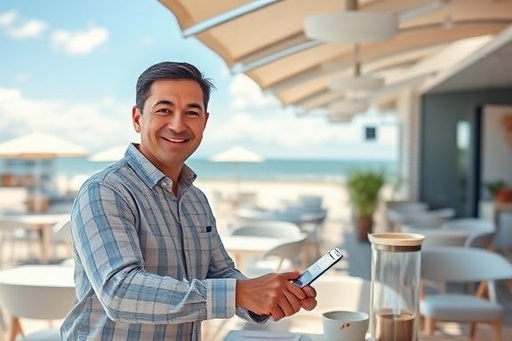 smooth restaurant ordering, cheerful expression, customizing an order, photorealistic, beachside café with open sky view, highly detailed, elegant swirls and transitions, soft blues and whites, sunlit environment, shot with a 24mm lens.