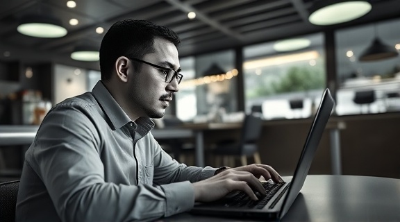 efficient restaurant software, focused expression, typing on a keyboard, photorealistic, modern minimalist restaurant with sleek furniture, highly detailed, detailed interface layout, monochrome with hints of green, overhead lighting, shot with a 85mm lens.