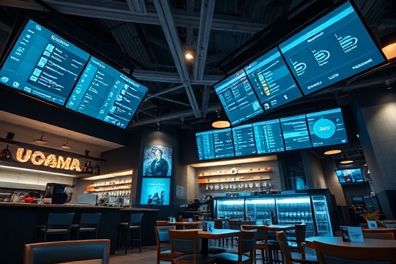 streamlined restaurant software, efficient expression, configuring settings, photorealistic, modern tech hub feel with digital screens, highly detailed, seamless integration, cool blues and greys, spotlight lighting, shot with a 35mm lens.