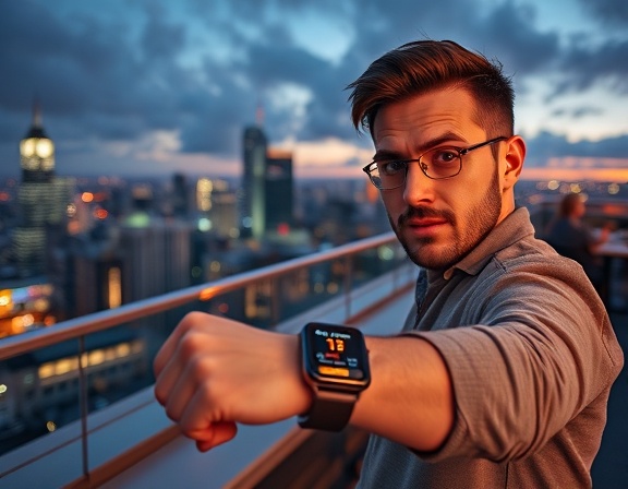 dynamic ordering solution, impressed expression, using a smartwatch, photorealistic, trendy rooftop bar with cityscape view, highly detailed, quick responsive features, metallic silver and black, twilight glow, shot with a panoramic lens.
